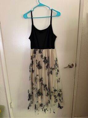 Black & Cream Spaghetti Strap Tulle Dress with Butterfly Embroidery